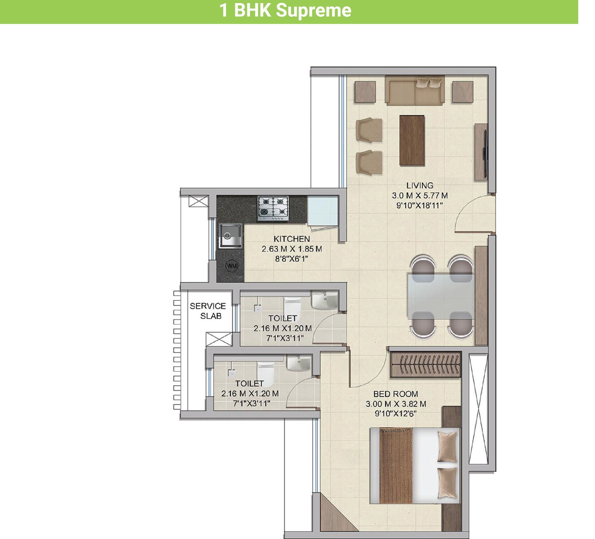 Floor plan of 1 BHK 435 Sq. Ft. Apartment in Wadhwa Wise City South Block Phase 1 B1 Wing A3, Navi Mumbai