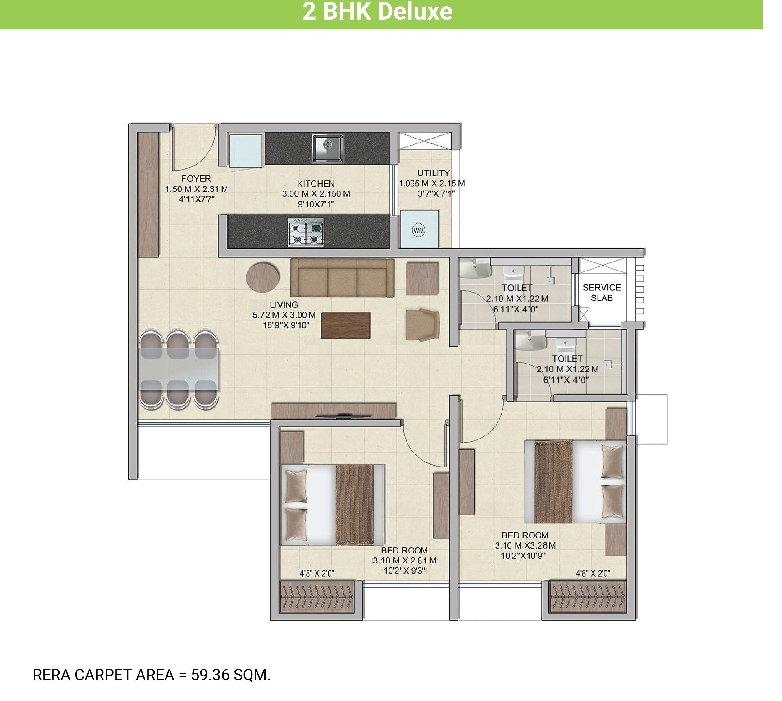 Floor plan of 2 BHK 639 Sq. Ft. Apartment in Wadhwa Wise City South Block Phase 1 B1 Wing A3, Navi Mumbai