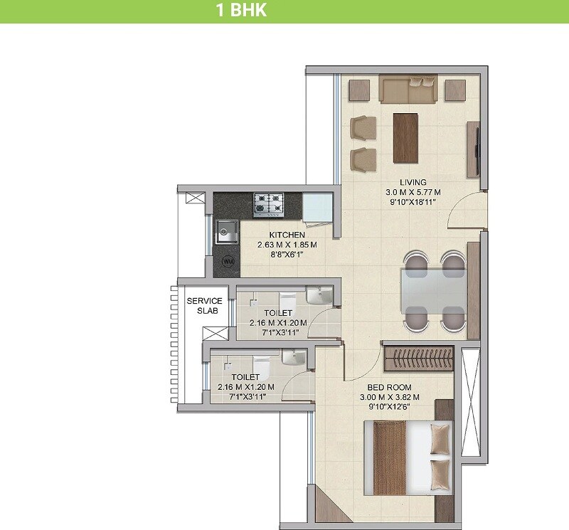 Floor plan of 1 BHK 479 Sq. Ft. Apartment in Wadhwa Wise City South Block Phase 1 B3 Wing C2, Navi Mumbai