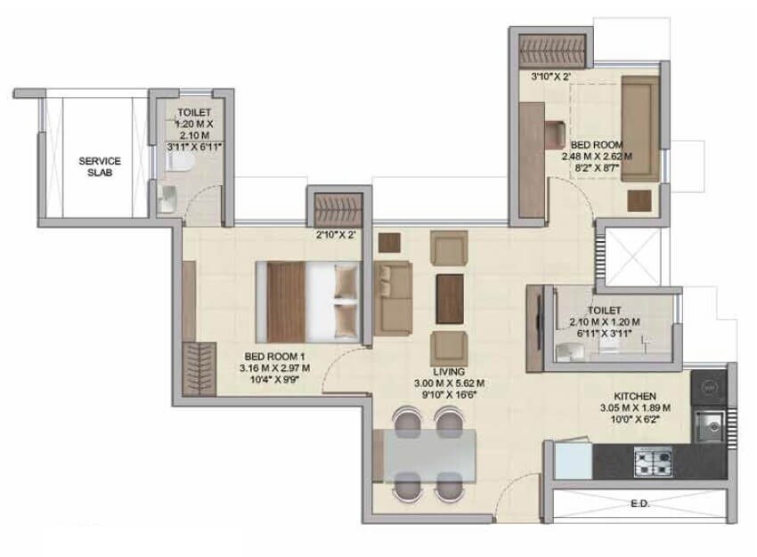 Floor plan of 2 BHK 494 Sq. Ft. Apartment in Wadhwa Wise City South Block Phase 1 B3 Wing C2, Navi Mumbai