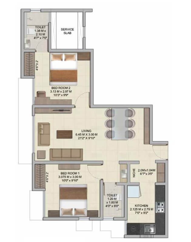 Floor plan of 2 BHK 525 Sq. Ft. Apartment in Wadhwa Wise City South Block Phase 1 B3 Wing C2, Navi Mumbai