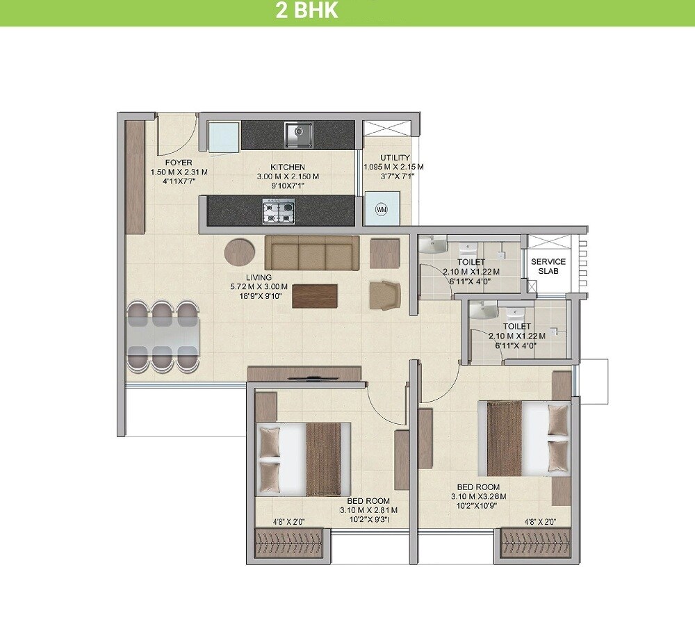 Floor plan of 2 BHK 628 Sq. Ft. Apartment in Wadhwa Wise City South Block Phase 1 B3 Wing C2, Navi Mumbai