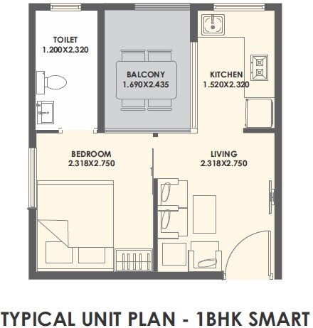 Floor plan of 1 BHK 206 Sq. Ft. Apartment in Xrbia Neral Courtyard Homes, Navi Mumbai