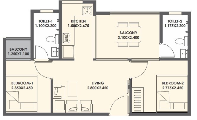 Floor plan of 2 BHK 368 Sq. Ft. Apartment in Xrbia Neral Courtyard Homes, Navi Mumbai