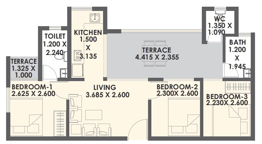 Floor plan of 3 BHK 496 Sq. Ft. Apartment in Xrbia Neral Courtyard Homes, Navi Mumbai