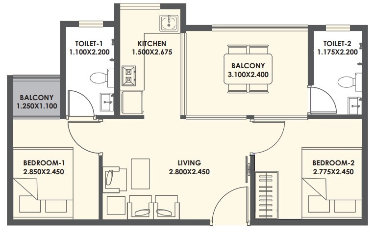 Floor plan of 2 BHK 368 Sq. Ft. Apartment in Xrbia Smart City, Navi Mumbai