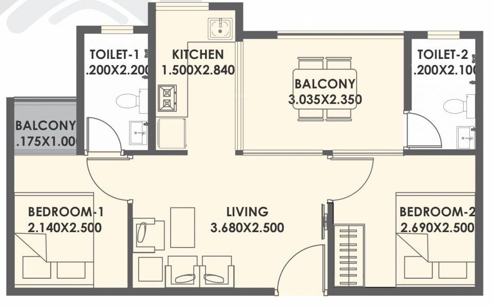 Floor plan of 2 BHK 368 Sq. Ft. Apartment in Xrbia Warai Apartments, Navi Mumbai