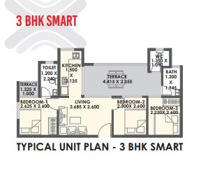 Floor plan of 3 BHK 494 Sq. Ft. Apartment in Xrbia Warai Apartments, Navi Mumbai