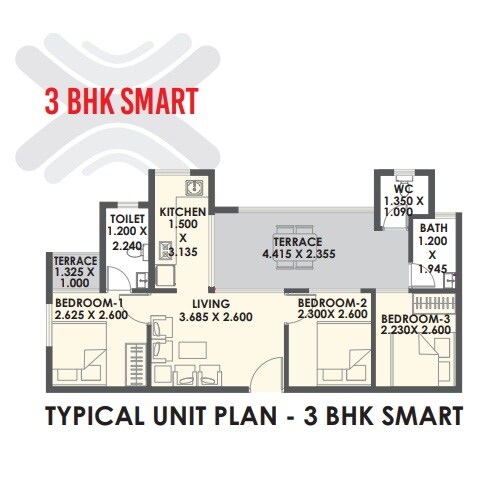 Floor plan of 3 BHK 500 Sq. Ft. Apartment in Xrbia Warai Apartments, Navi Mumbai