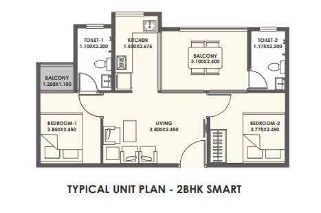 Floor plan of 2 BHK 381 Sq. Ft. Apartment in Xrbia Warai Phase 2, Navi Mumbai