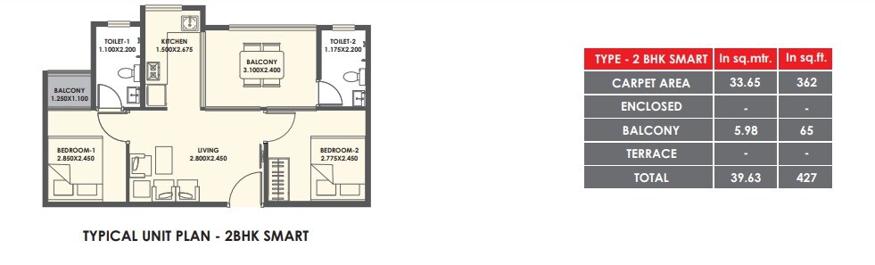 Floor plan of 2 BHK 362 Sq. Ft. Apartment in Xrbia Warai Phase 2, Navi Mumbai