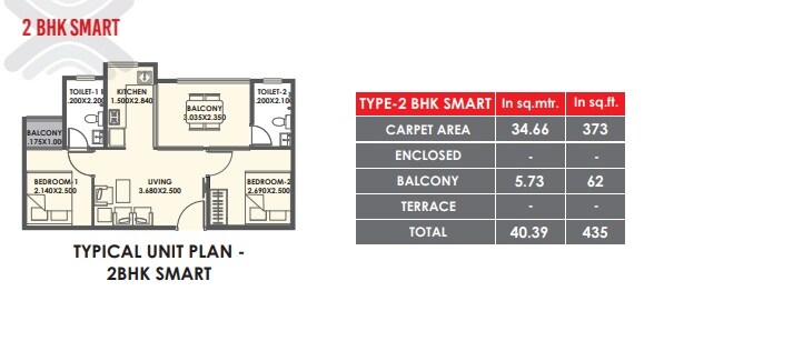 Floor plan of 2 BHK 373 Sq. Ft. Apartment in Xrbia Warai Phase 2, Navi Mumbai