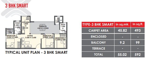 Floor plan of 3 BHK 493 Sq. Ft. Apartment in Xrbia Warai Phase 2, Navi Mumbai