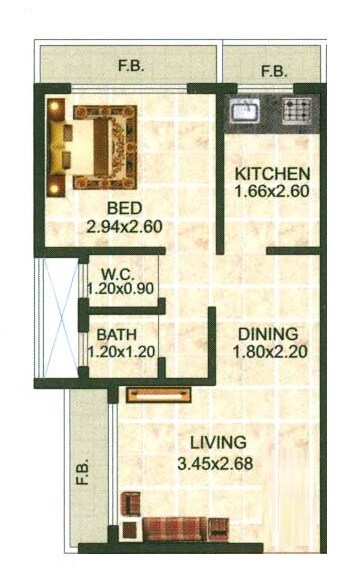 Floor plan of 1 BHK 600 Sq. Ft. Apartment in Yash Homes, Navi Mumbai