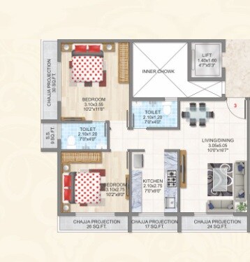 Floor plan of 2 BHK 430 Sq. Ft. Apartment in Yash Sai Krupa, Navi Mumbai