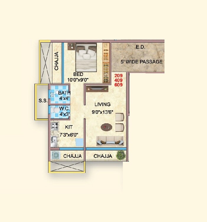 Floor plan of 1 BHK 256 Sq. Ft. Apartment in Yashrang Bhaveshwar Icon, Navi Mumbai