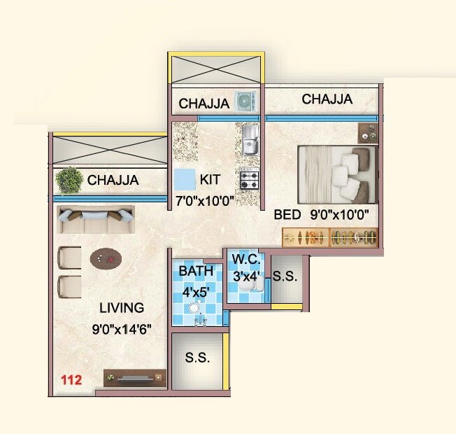 Floor plan of 1 BHK 306 Sq. Ft. Apartment in Yashrang Bhaveshwar Icon, Navi Mumbai