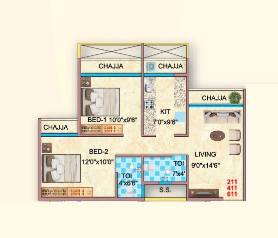 Floor plan of 2 BHK 441 Sq. Ft. Apartment in Yashrang Bhaveshwar Icon, Navi Mumbai