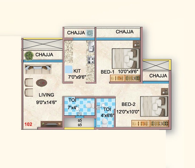 Floor plan of 2 BHK 448 Sq. Ft. Apartment in Yashrang Bhaveshwar Icon, Navi Mumbai