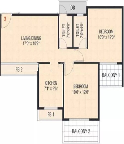 Floor plan of 2 BHK 1147 Sq. Ft. Apartment in Yushan Maple Carniva, Navi Mumbai