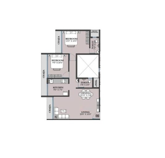 Floor plan of 2 BHK 651 Sq. Ft. Apartment in Zenisha Aura, Navi Mumbai