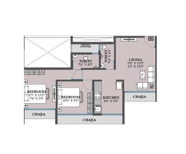 Floor plan of 2 BHK 588 Sq. Ft. Apartment in Zenisha Luxuria, Navi Mumbai