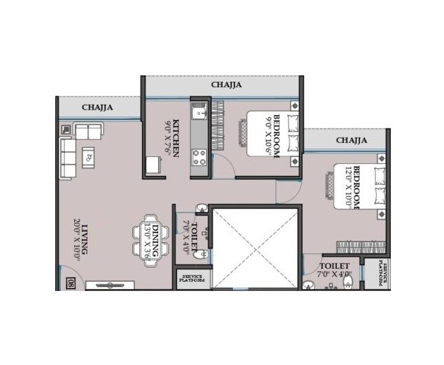 Floor plan of 2 BHK 596 Sq. Ft. Apartment in Zenisha Luxuria, Navi Mumbai