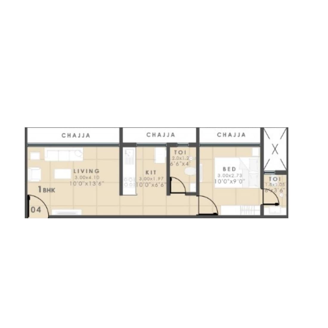 Floor plan of 1 BHK 345 Sq. Ft. Apartment in Zorba Raya, Navi Mumbai