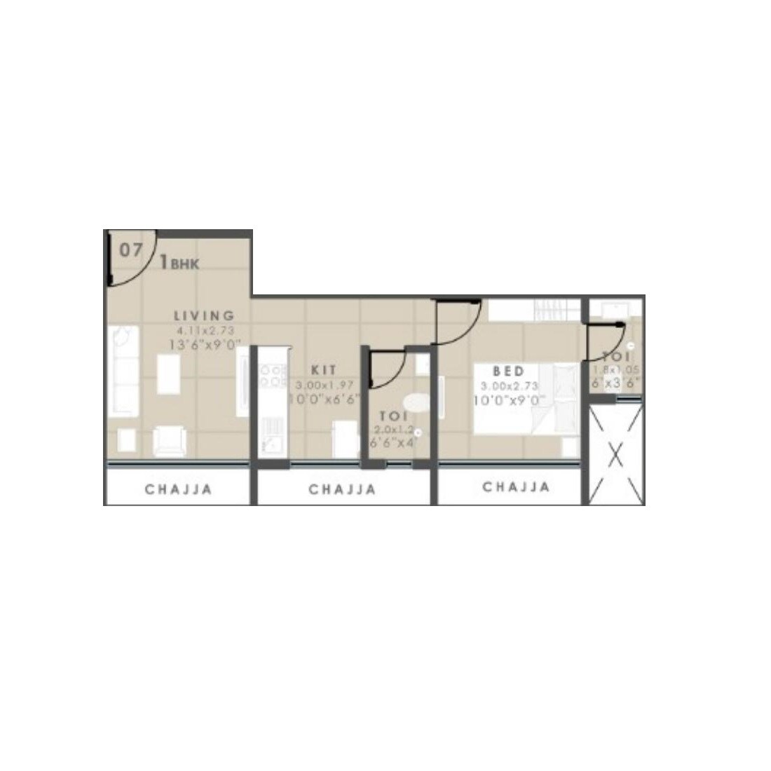 1 BHK 366 Sq. Ft. Apartment