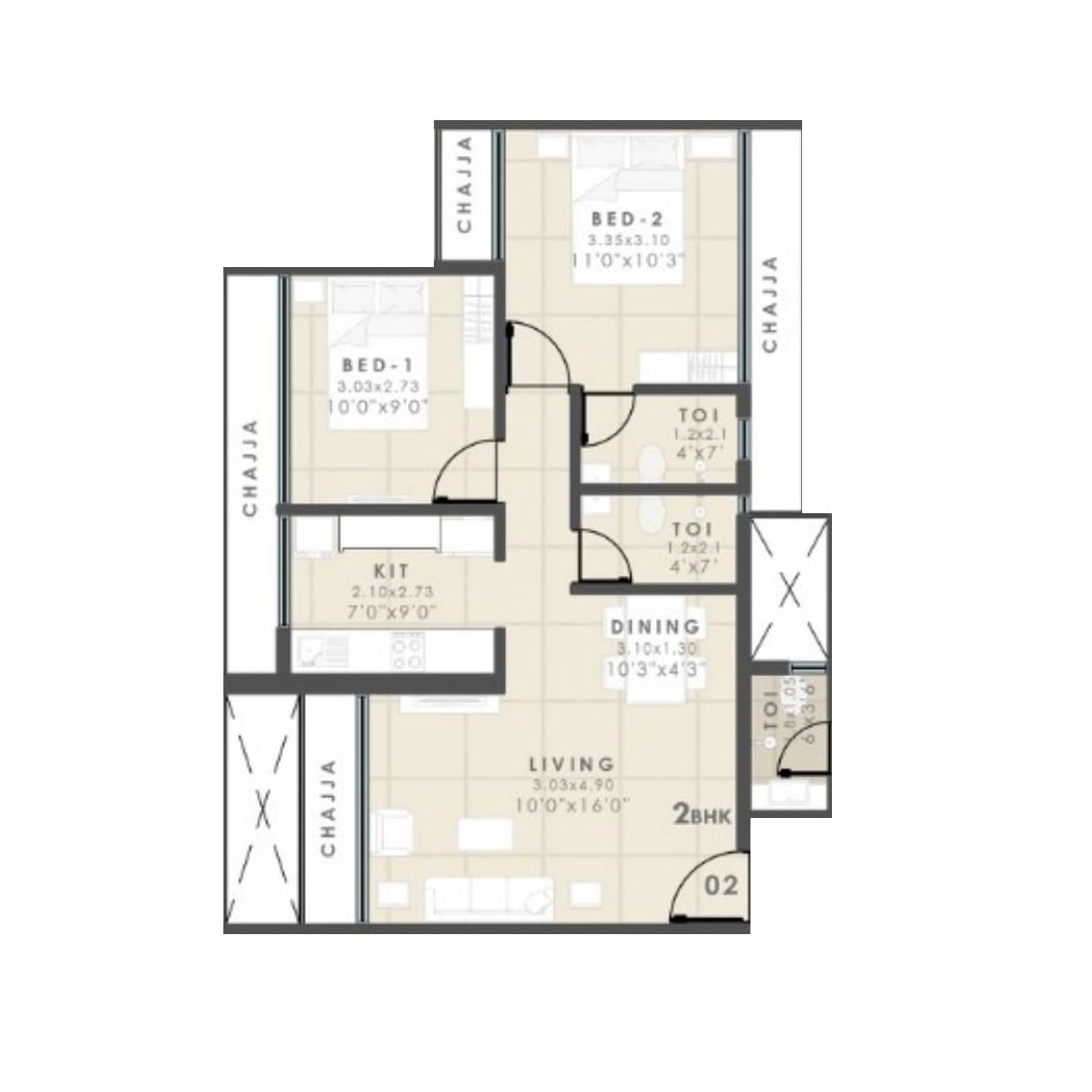 Floor plan of 2 BHK 561 Sq. Ft. Apartment in Zorba Raya, Navi Mumbai
