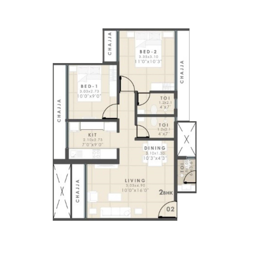 2 BHK 561 Sq. Ft. Apartment