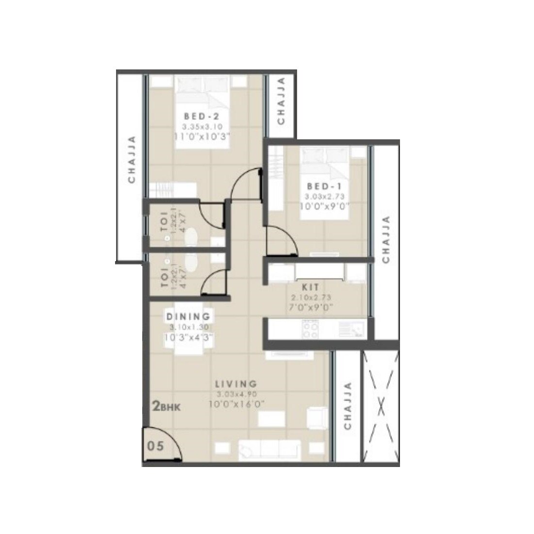 Floor plan of 2 BHK 586 Sq. Ft. Apartment in Zorba Raya, Navi Mumbai
