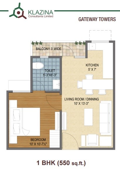 Floor plan of 1 BHK 550 Sq. Ft. Apartment in Klazina Gateway Towers, Neemrana