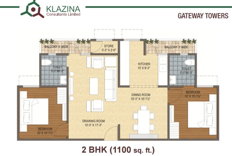 Floor plan of 2 BHK 1100 Sq. Ft. Apartment in Klazina Gateway Towers, Neemrana