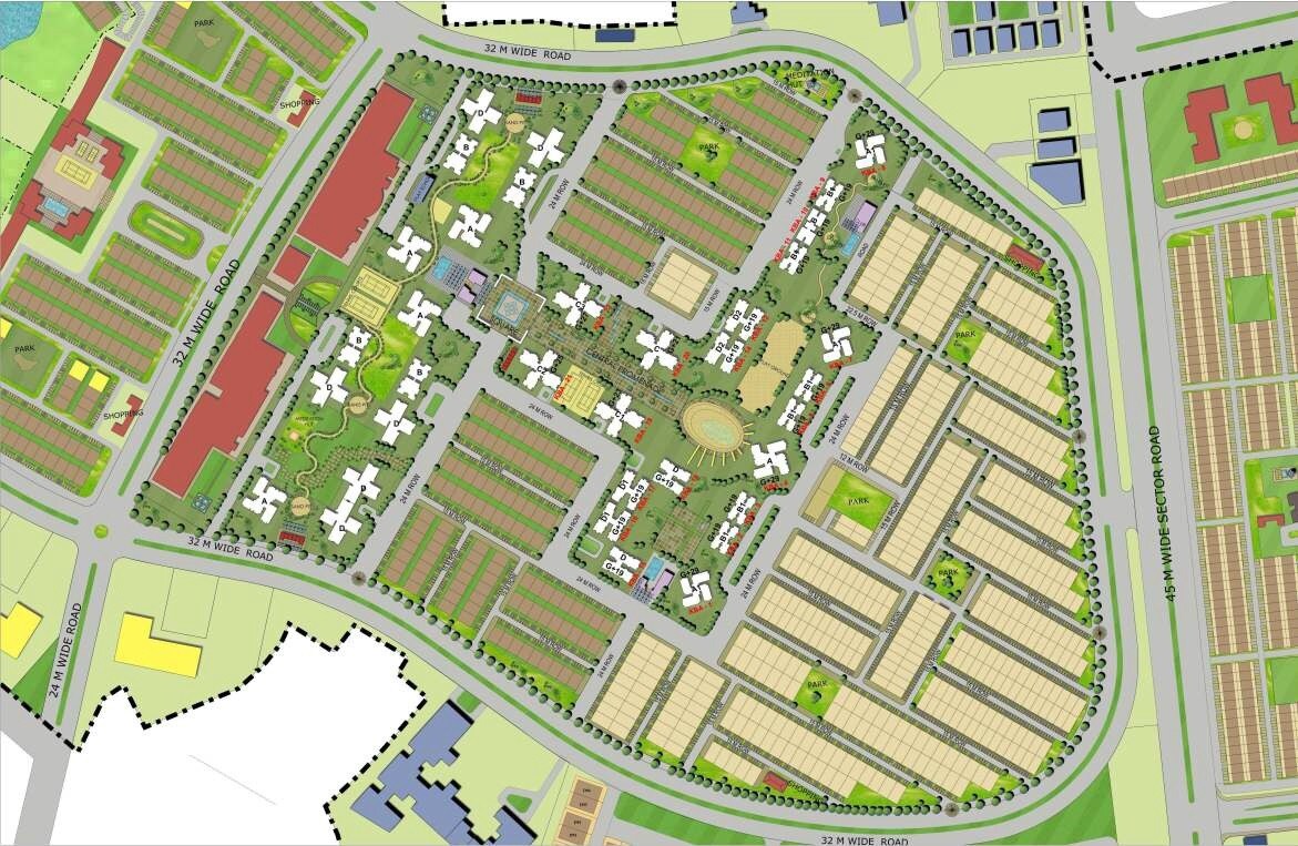 Jaypee-Kensington-Boulevard_an aerial view of a park filled with lots of green grass