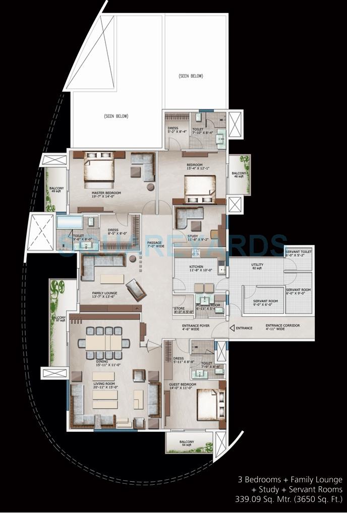 Floor plan of 3 BHK 3650 Sq. Ft. Apartment in 3C Lotus 300, Noida