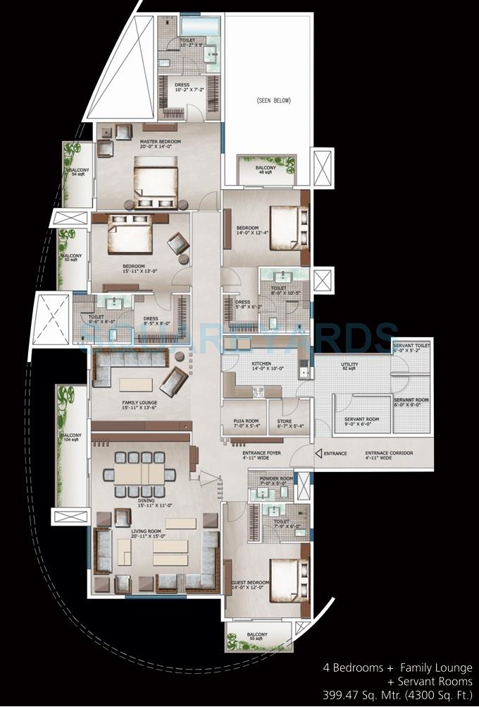Floor plan of 4 BHK 4300 Sq. Ft. Apartment in 3C Lotus 300, Noida