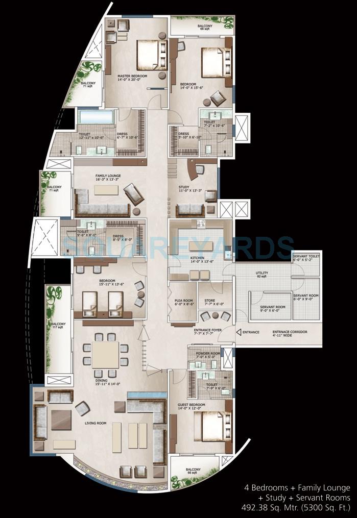 Floor plan of 4 BHK 5300 Sq. Ft. Apartment in 3C Lotus 300, Noida