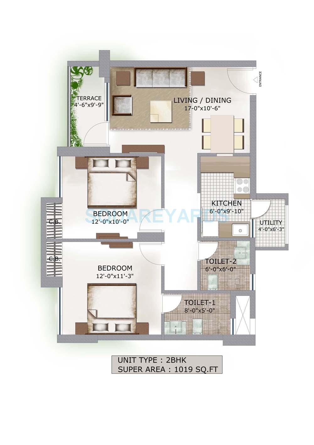 Floor plan of 2 BHK 1019 Sq. Ft. Apartment in 3C Lotus Boulevard, Noida