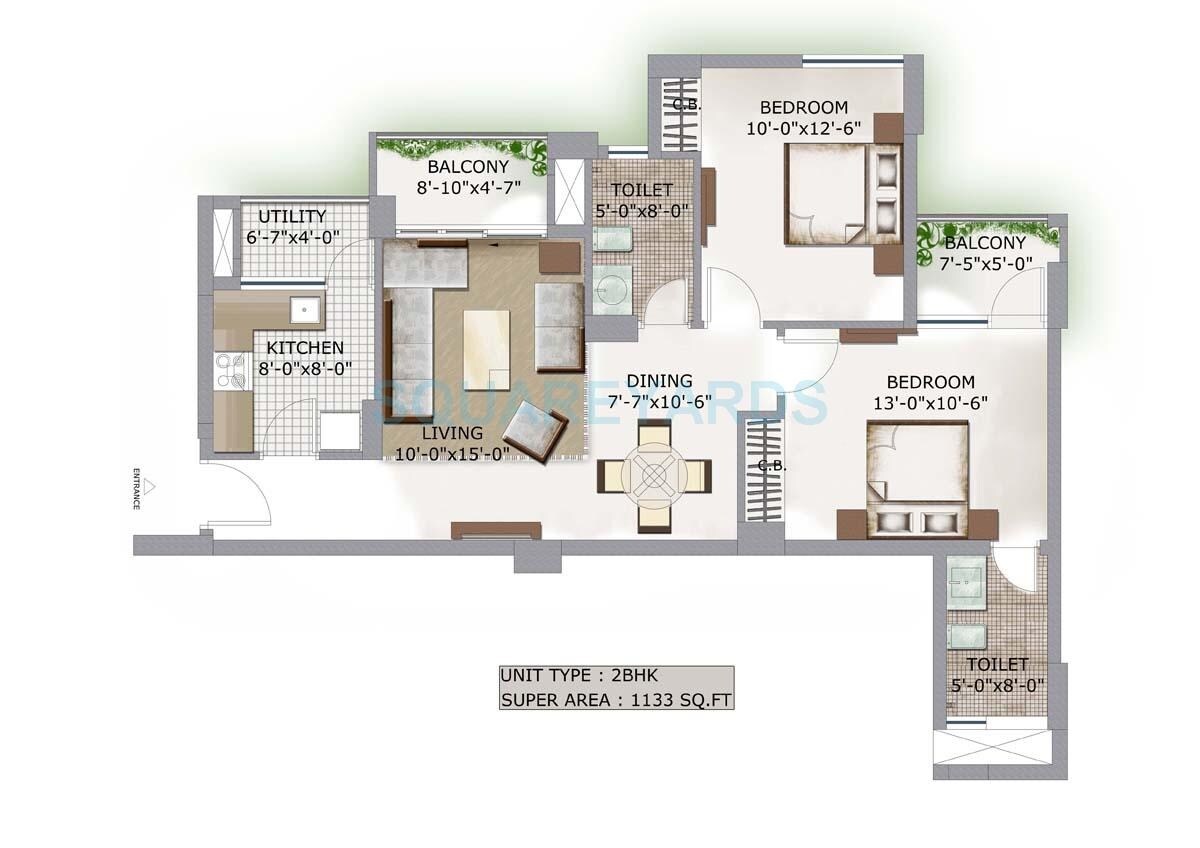 Floor plan of 2 BHK 1133 Sq. Ft. Apartment in 3C Lotus Boulevard, Noida