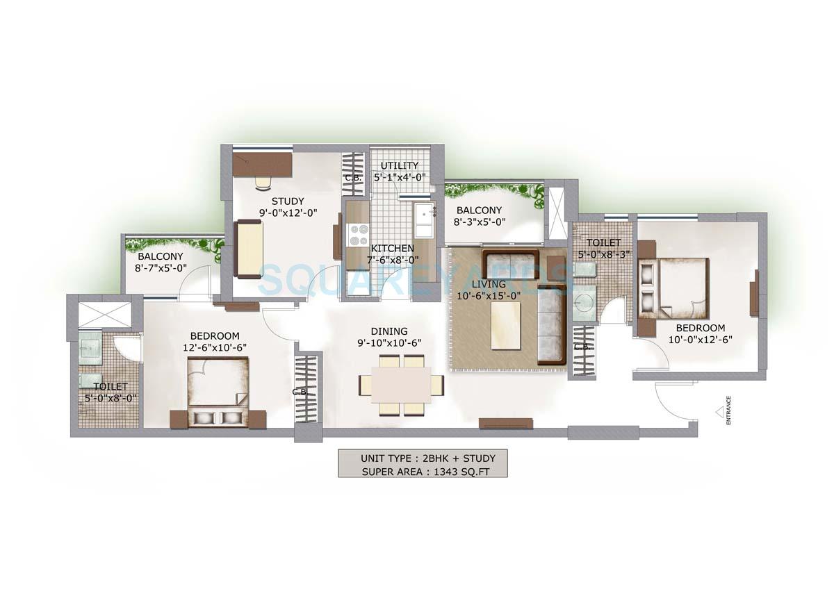 Floor plan of 2 BHK 1343 Sq. Ft. Apartment in 3C Lotus Boulevard, Noida