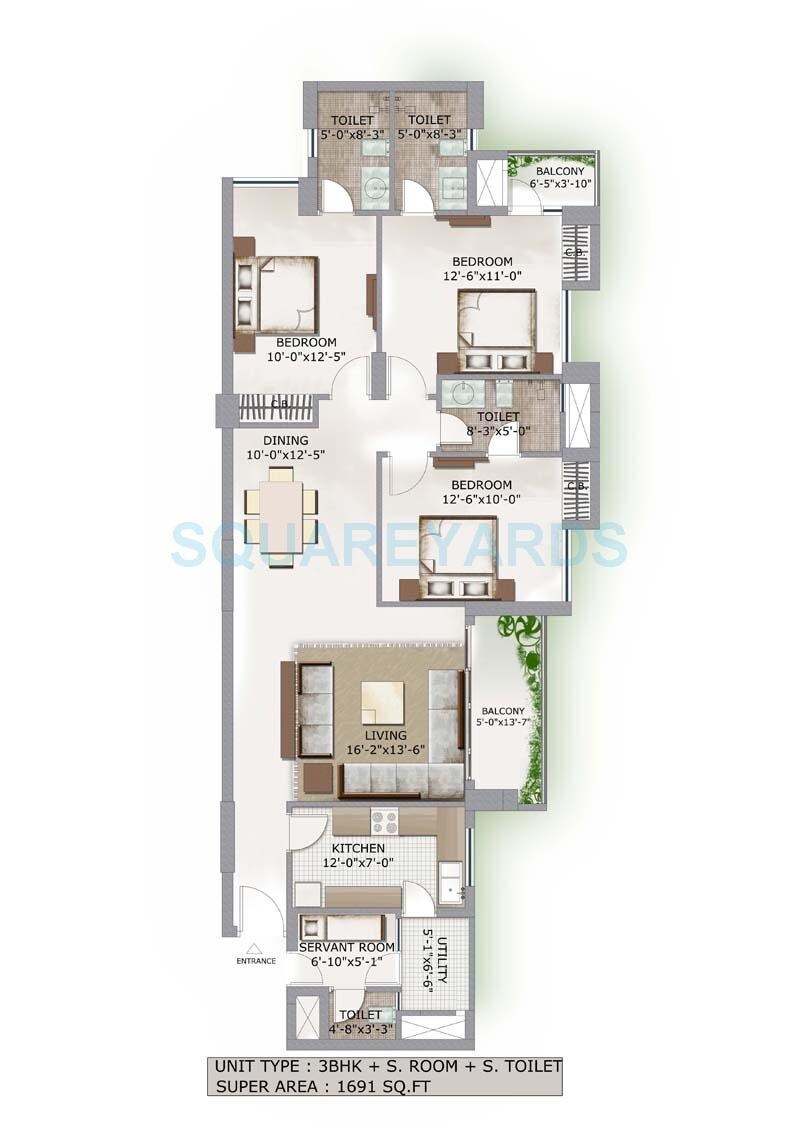 Floor plan of 3 BHK 1691 Sq. Ft. Apartment in 3C Lotus Boulevard, Noida