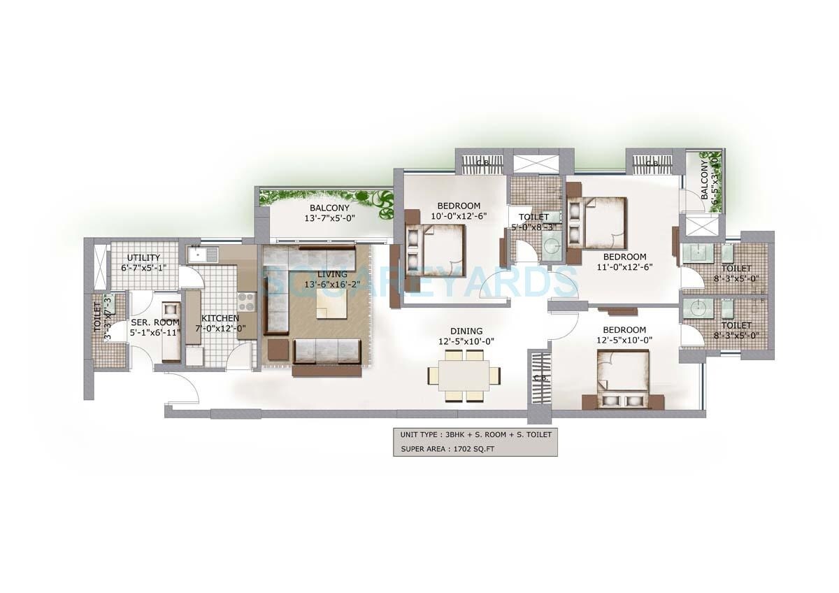 Floor plan of 3 BHK 1702 Sq. Ft. Apartment in 3C Lotus Boulevard, Noida