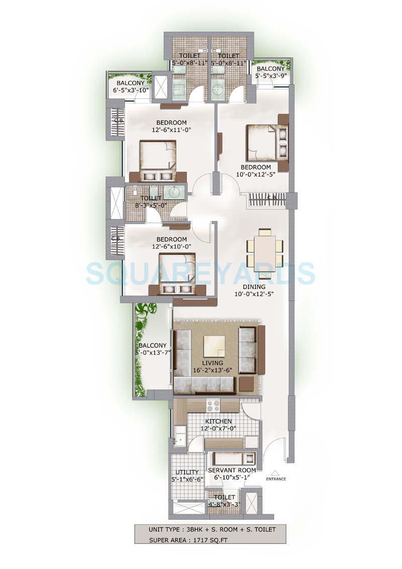 Floor plan of 3 BHK 1717 Sq. Ft. Apartment in 3C Lotus Boulevard, Noida