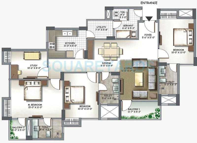 Floor plan of 3 BHK 1860 Sq. Ft. Apartment in 3C Lotus Boulevard, Noida