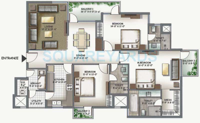 Floor plan of 3 BHK 1970 Sq. Ft. Apartment in 3C Lotus Boulevard Espacia, Noida