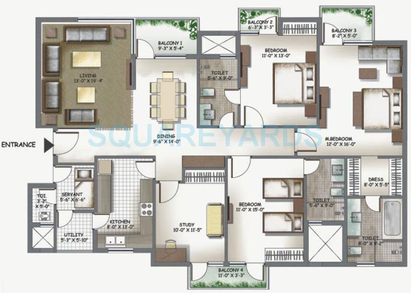 Floor plan of 3 BHK 2255 Sq. Ft. Apartment in 3C Lotus Boulevard Espacia, Noida