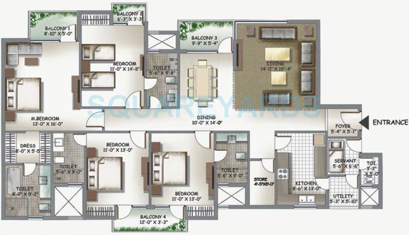 Floor plan of 4 BHK 2560 Sq. Ft. Apartment in 3C Lotus Boulevard Espacia, Noida