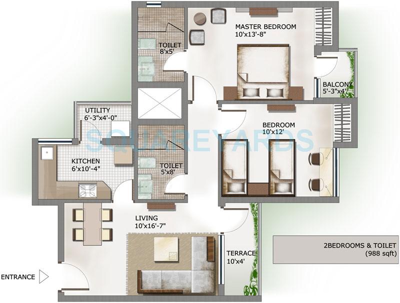 Floor plan of 2 BHK 988 Sq. Ft. Apartment in 3C Lotus Panache, Noida