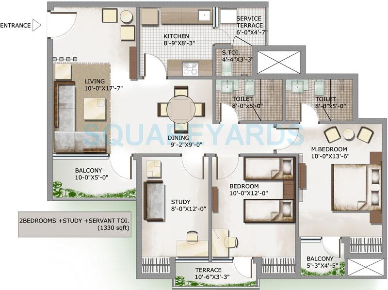 Floor plan of 2 BHK 1330 Sq. Ft. Apartment in 3C Lotus Panache, Noida